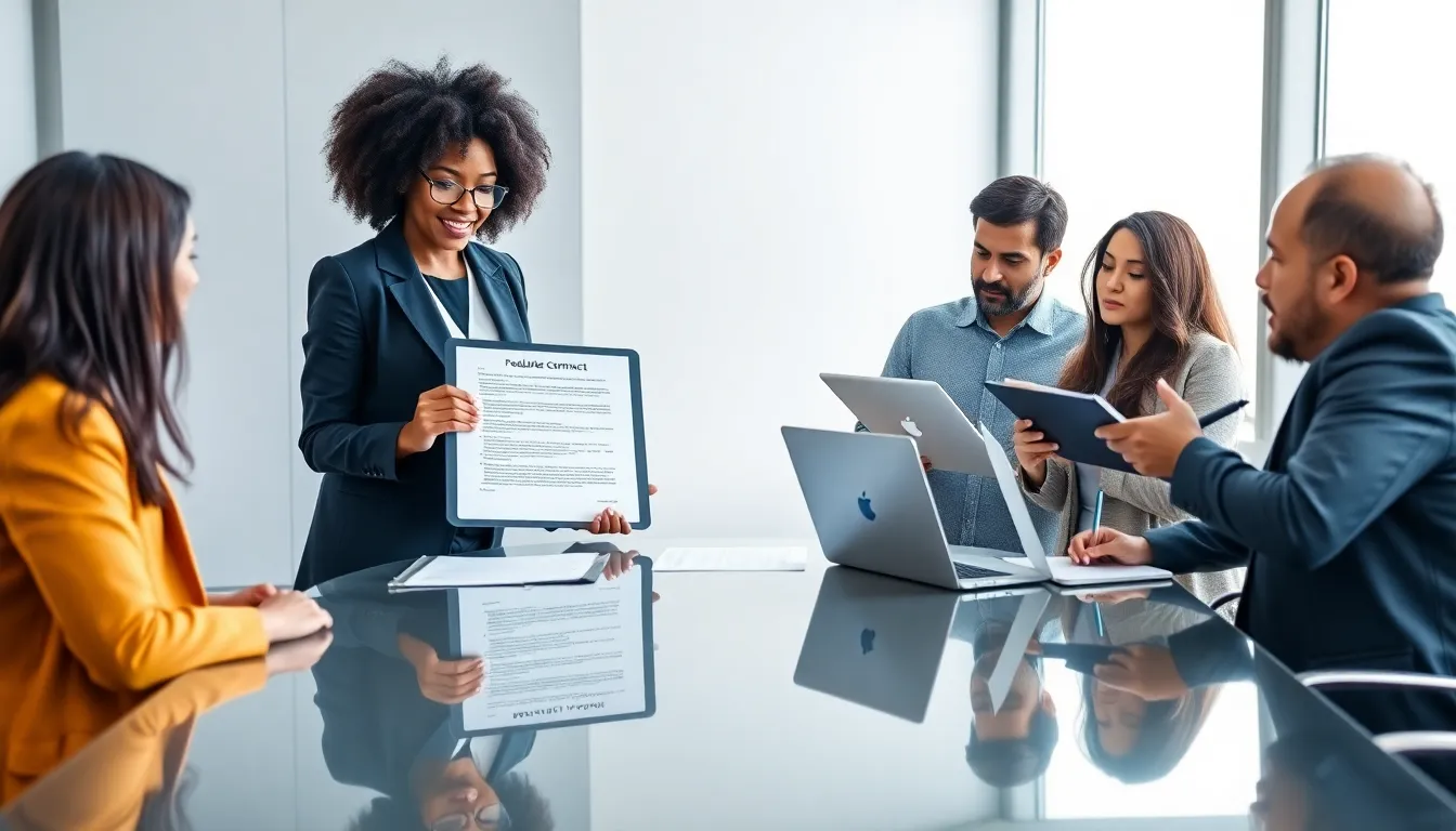 diverse team discussing freelancer contract in a modern office.