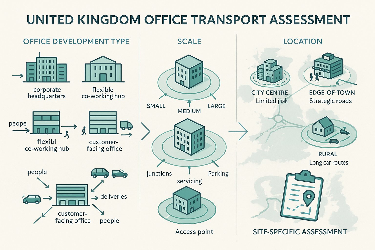 Infographic showing how office type, scale, and location affect transport assessment scope.