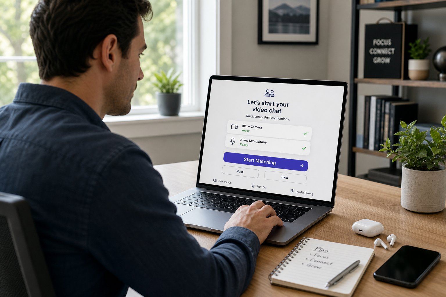 Professional user enabling camera and mic to start video matching on laptop.