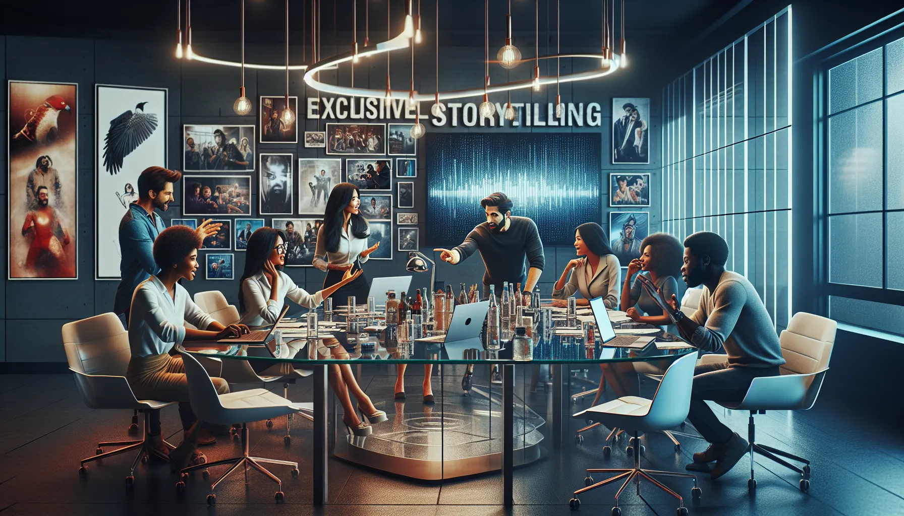 diverse team collaborating in a modern office about South Indian films.