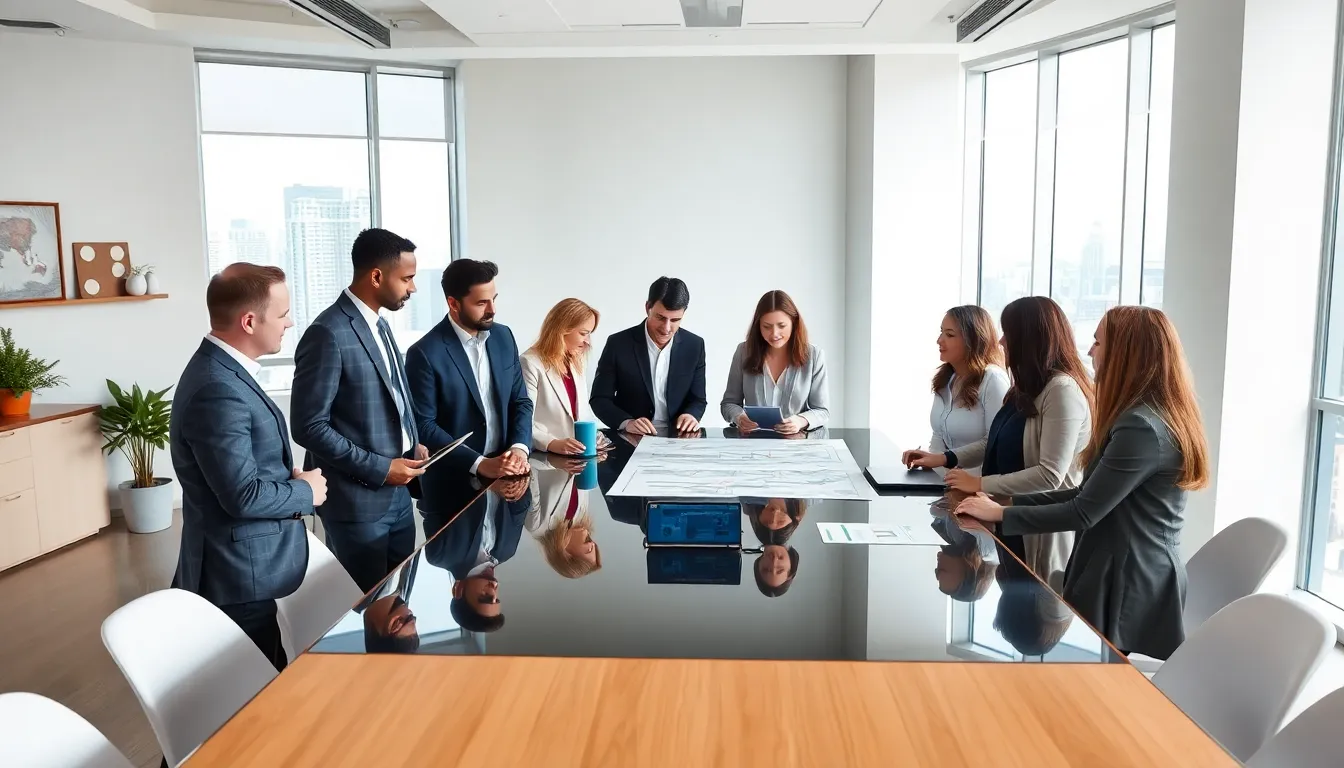 diverse team discussing remodeling plans in a modern conference room.