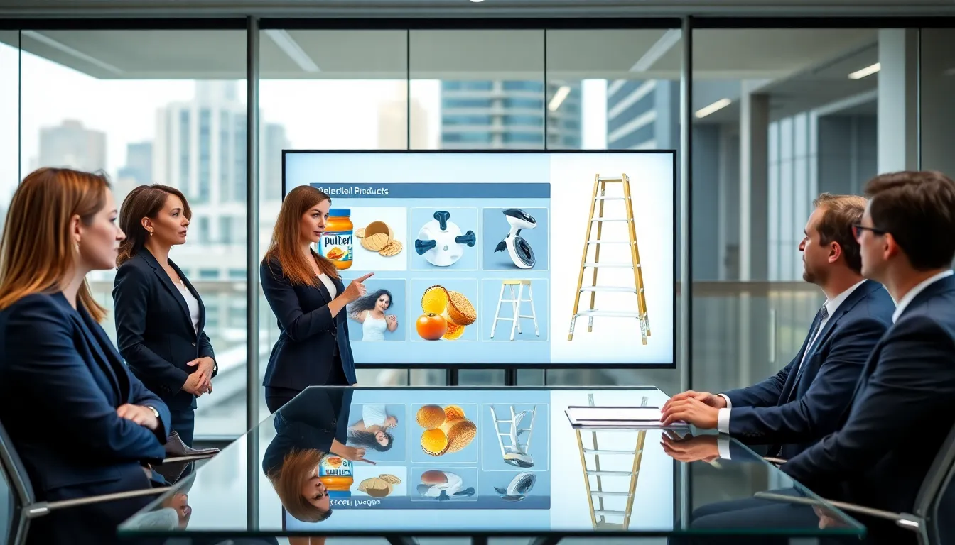 four attorneys discussing defective products in a conference room.