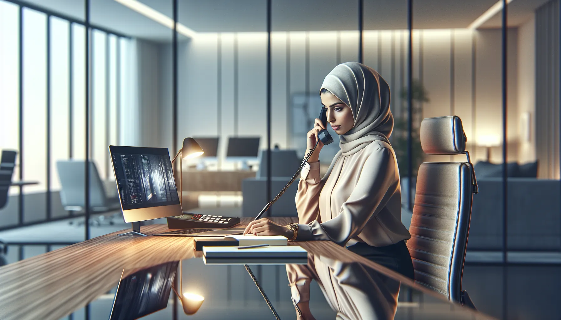 professional preparing for a phone call in a modern office