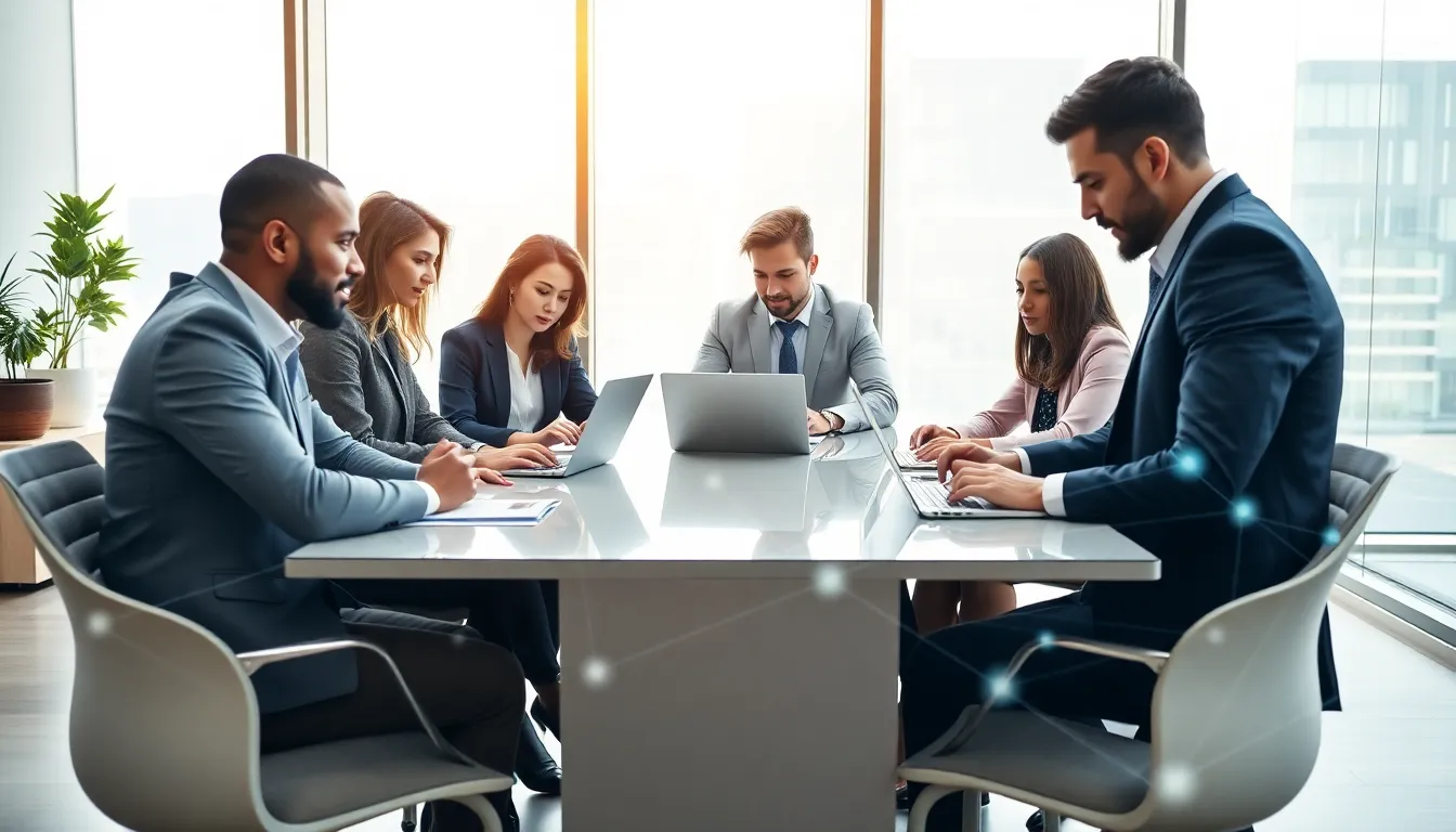 diverse professionals collaborating in a modern office setting.
