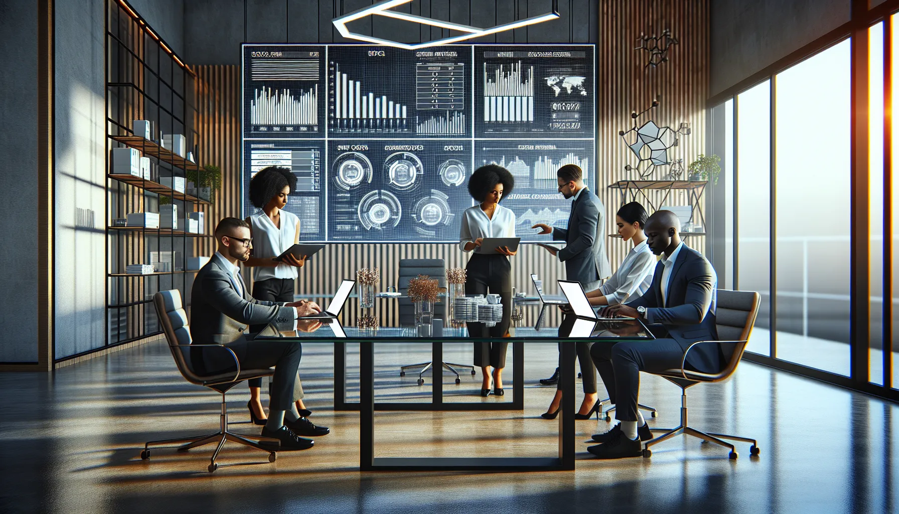 diverse professionals analyzing UPC codes in a modern office.