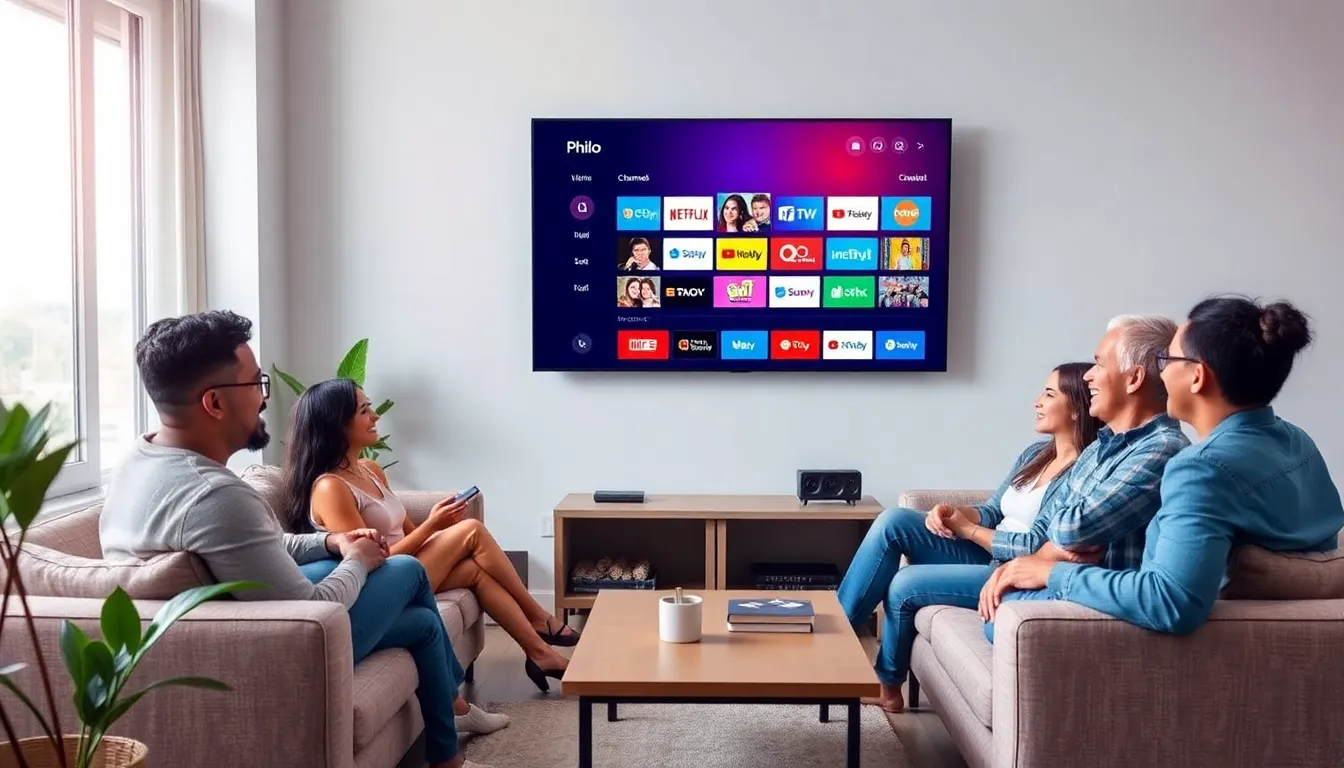 diverse family enjoying Philo Streaming TV in a modern living room.