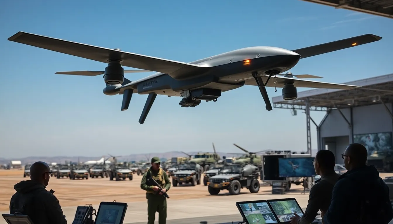 futuristic murder drone above military personnel and equipment.