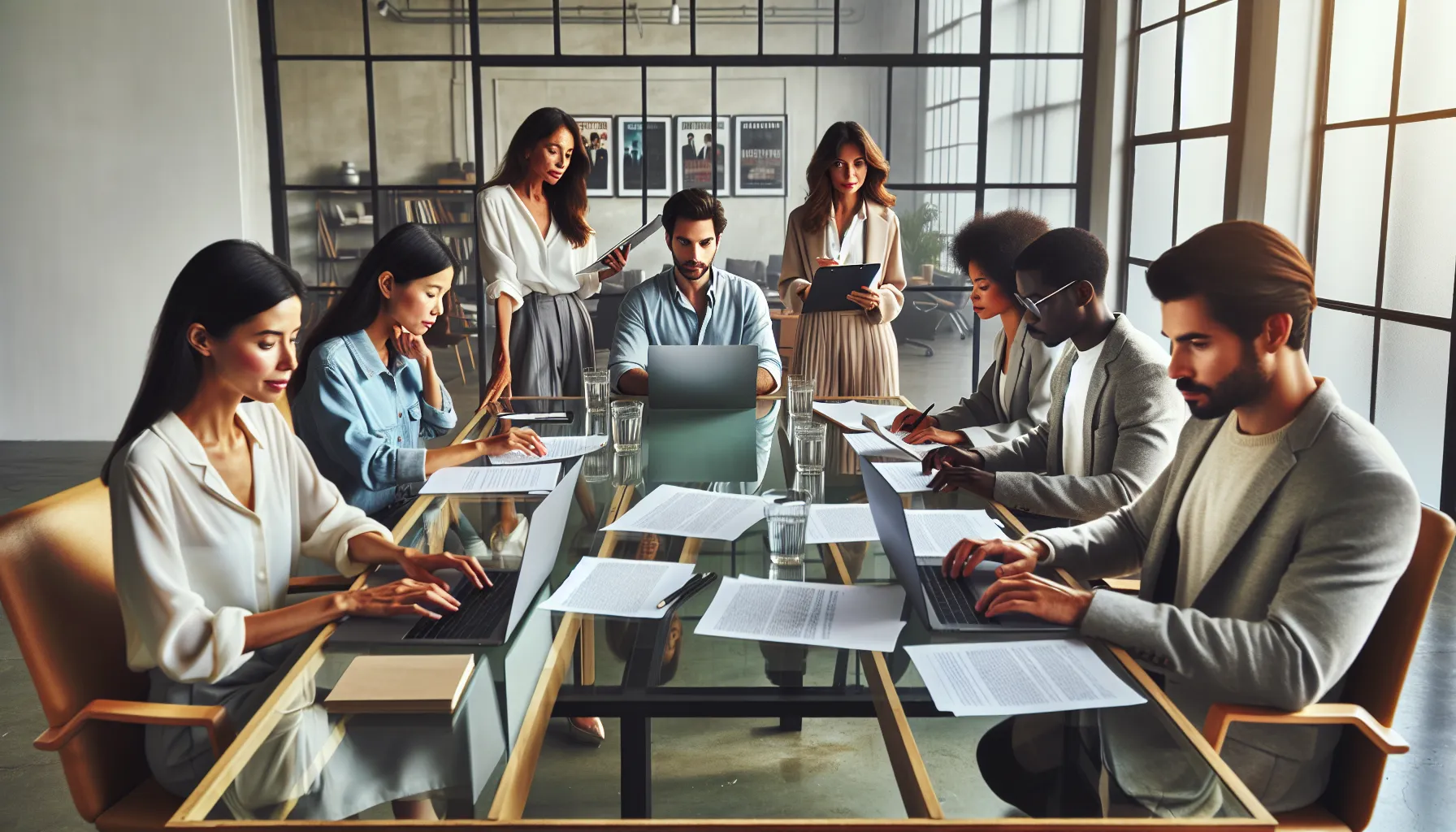 diverse team discussing film analysis in a modern office