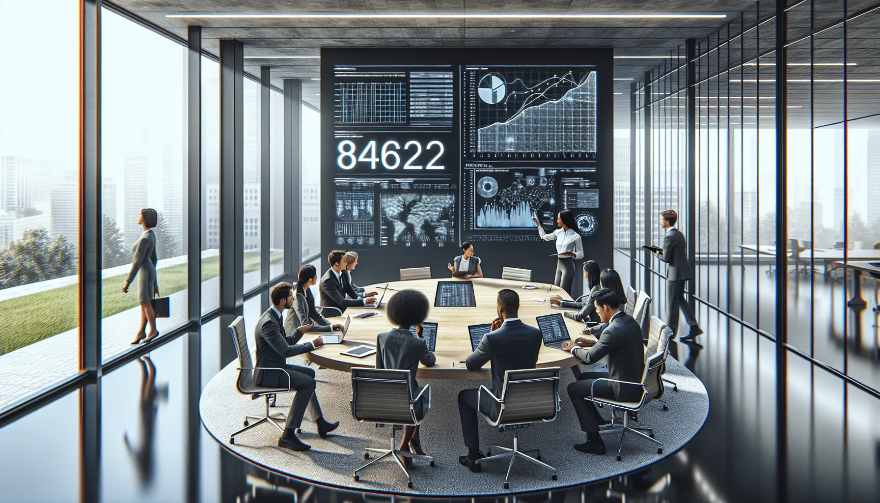 professionals discussing data analysis in a modern office setting.