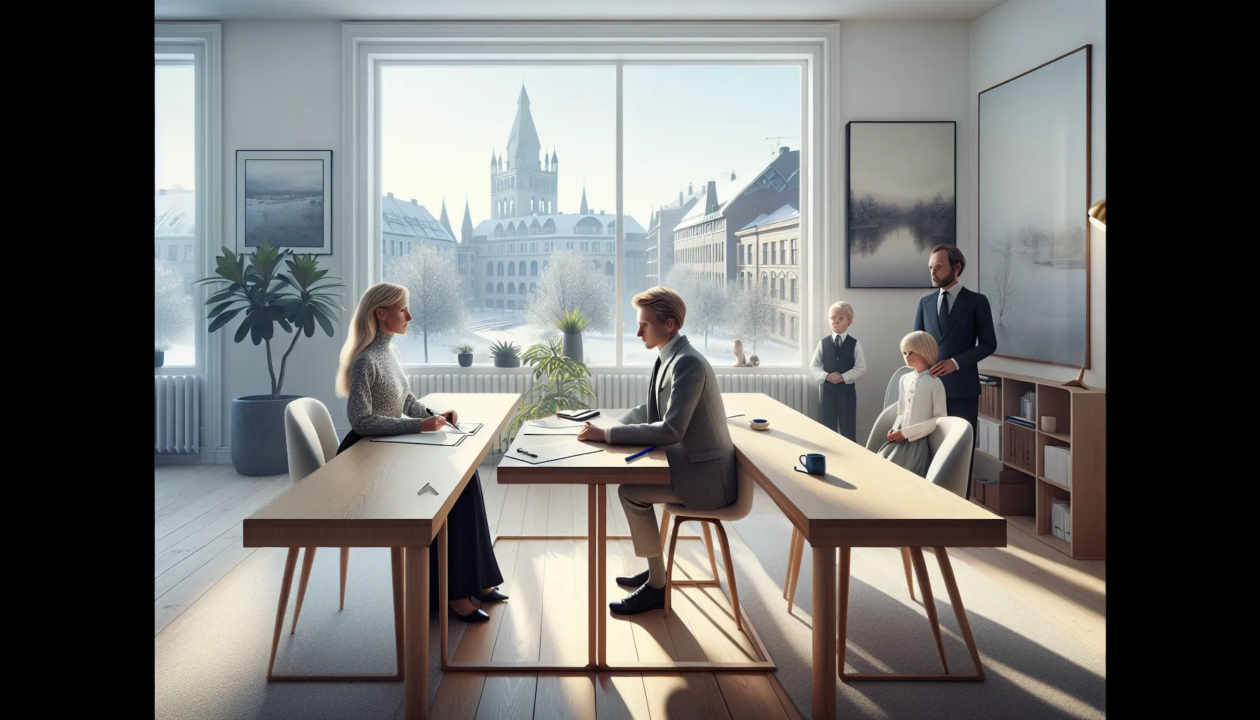 Slik lager du en samværsavtale for barn: viktige juridiske punkter 2 Separated norwegian parents review a written visitation agreement while their child draws nearby.