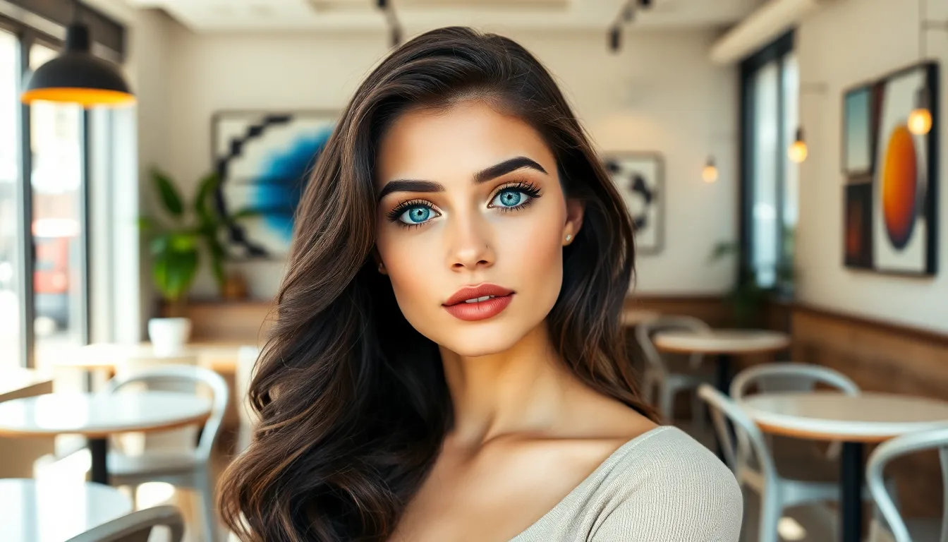 A woman with brunette hair and blue eyes in a stylish café.