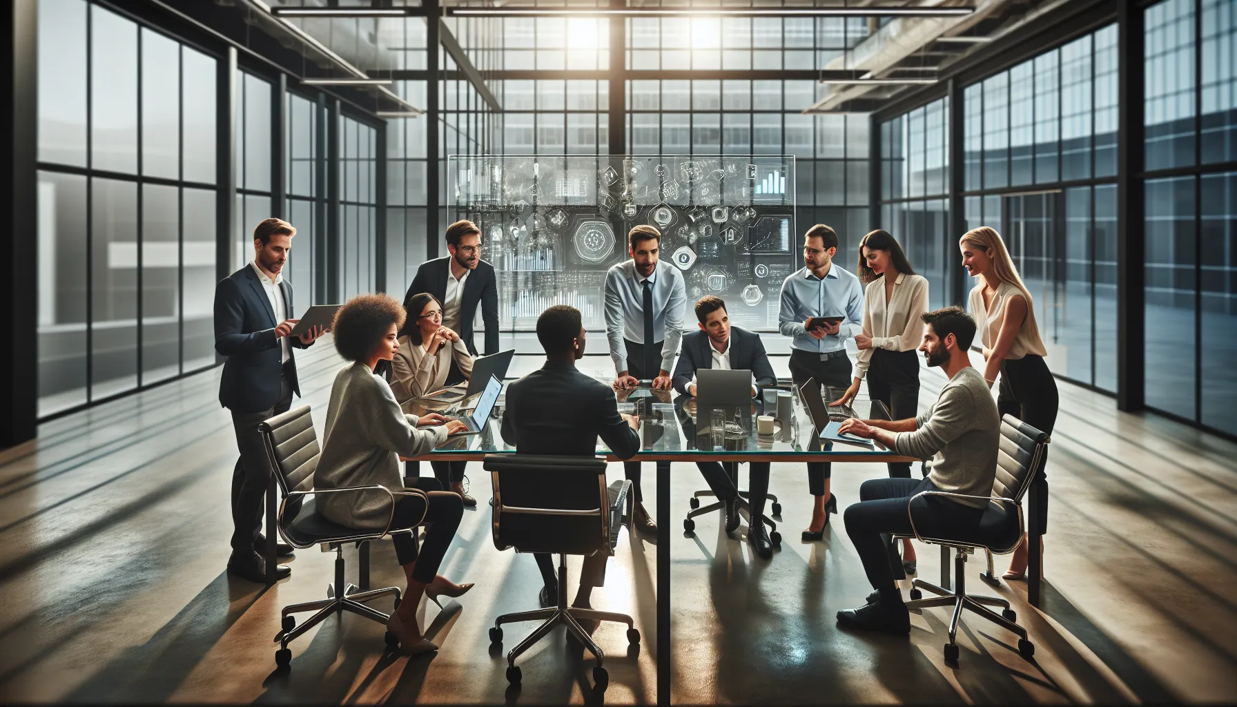 diverse professionals collaborating in a modern office setting.
