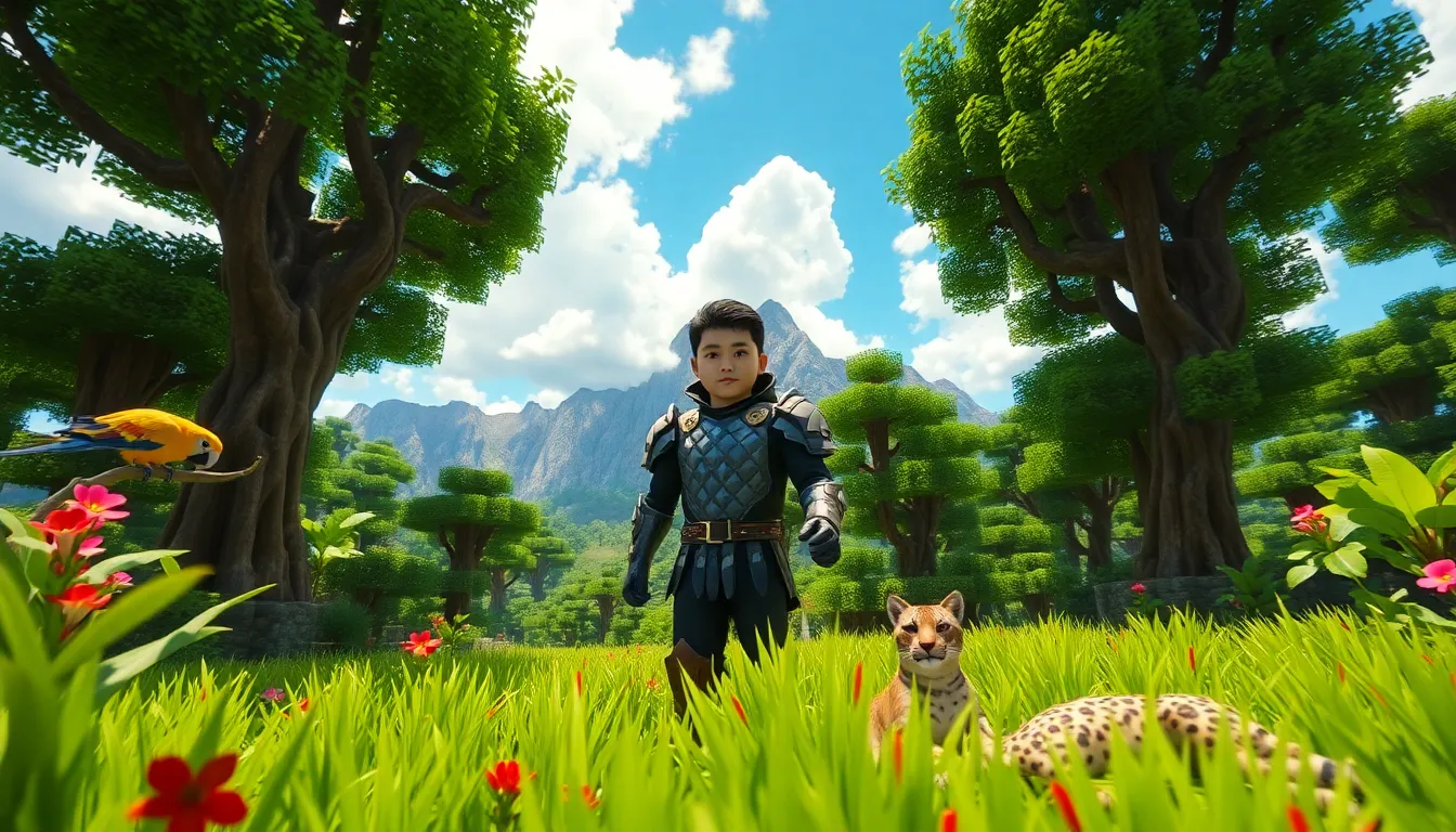 a Minecraft player exploring a vibrant jungle biome filled with exotic flora.