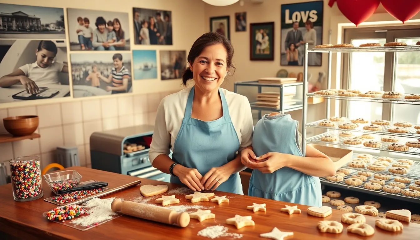 a baker joyfully decorating cookies in a cozy, sunlit bakery.