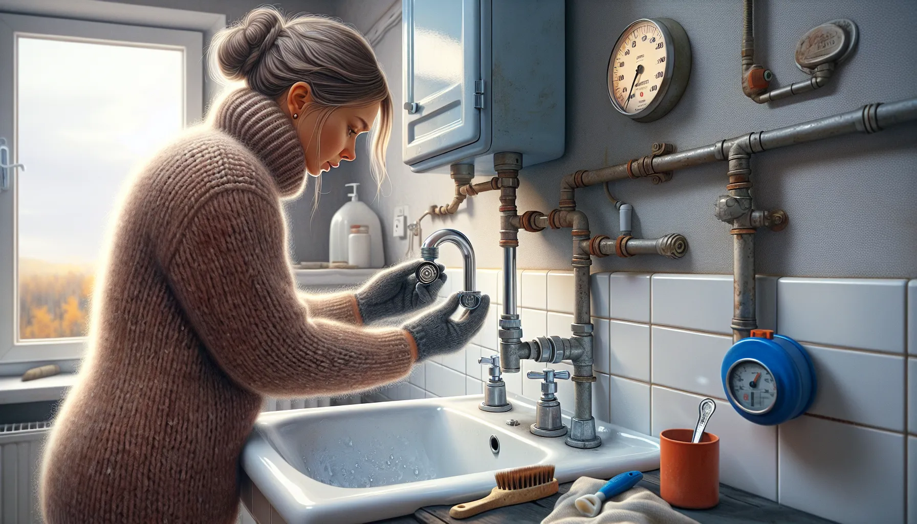 De vanligste utfordringene med vanntrykk i norske hjem en side dedikert til rør, rørsystemer og rørteknologi 4 Norwegian homeowner inspects clogged aerator amid signs of low water pressure.