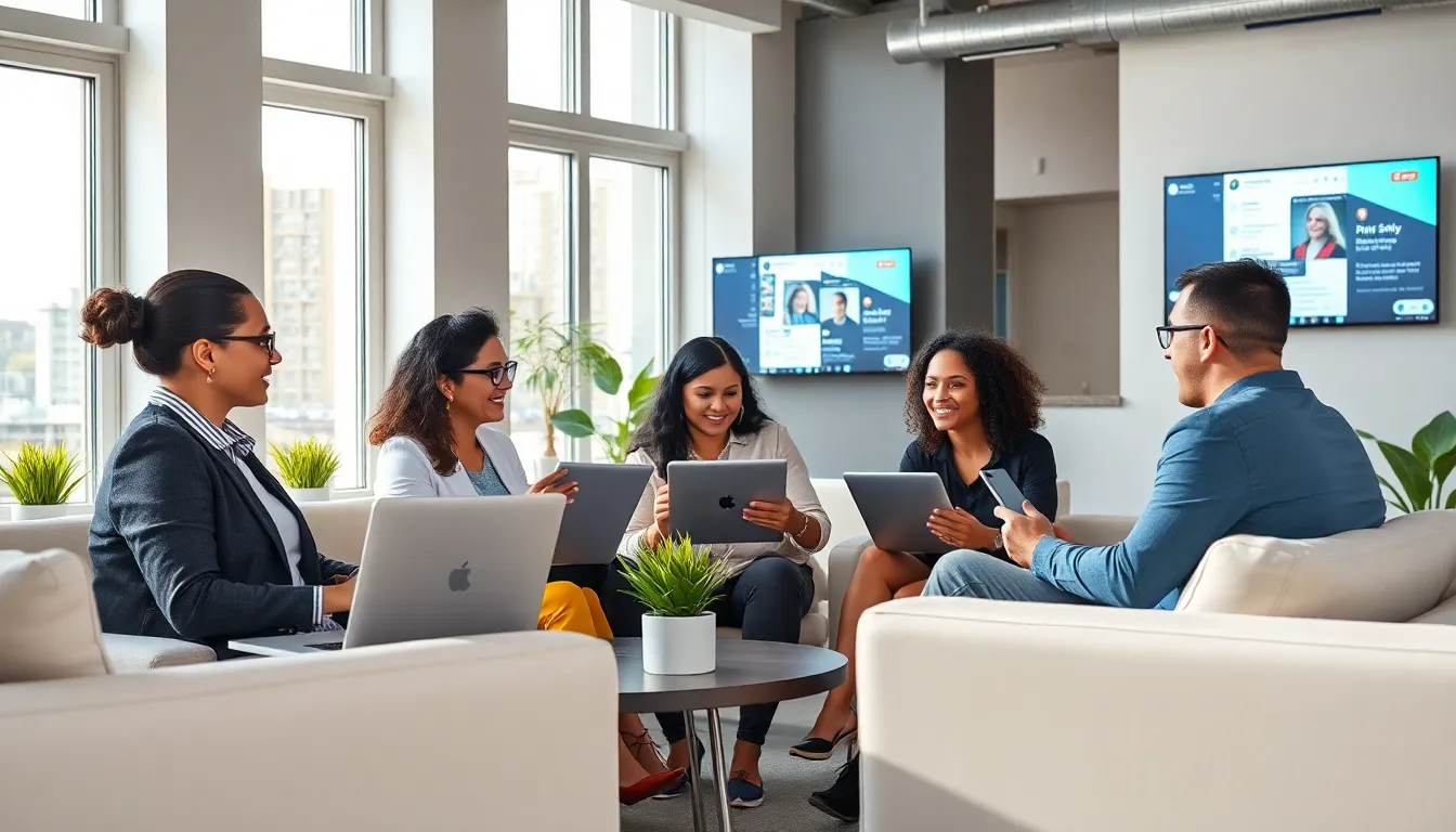 diverse professionals engaged in a video call in a modern office.