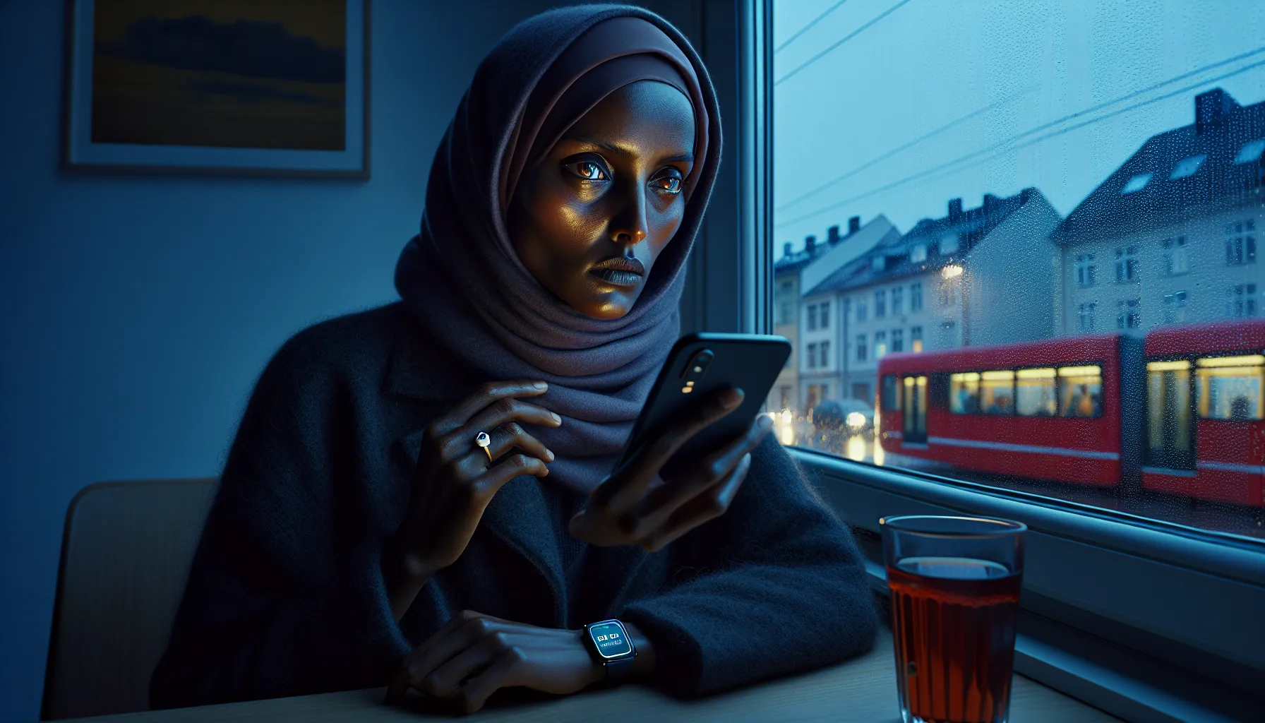 Young norwegian woman of somali descent strains with stress after a racist message.