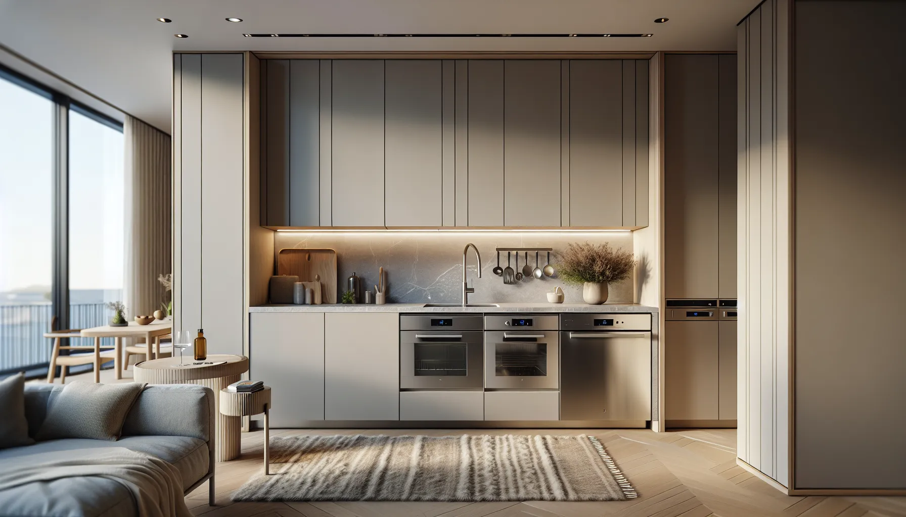 Slik kan du bruke interiørdesign for å øke boligens verdi 3 Scandinavian kitchen with quartz counters and zoned living area, staged for resale.