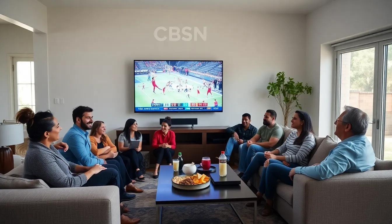 group watching CBSSN sports programming in a modern living room.