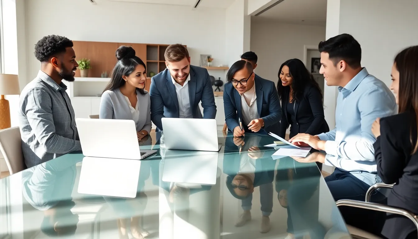 diverse team discussing Applewhite Bitclassic in a modern office.