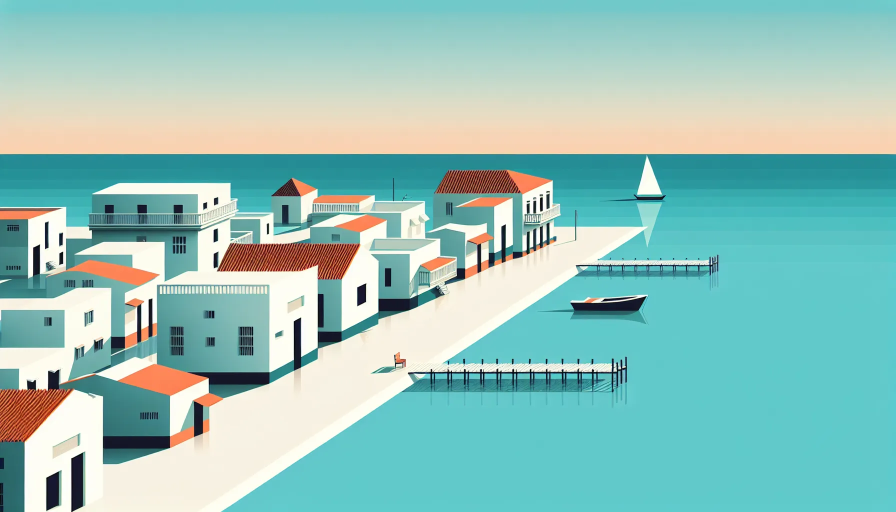 A minimal Cuban fishing village with white houses by the sea