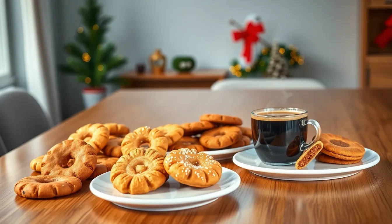 various Dutch cookies on a modern wooden table with coffee.