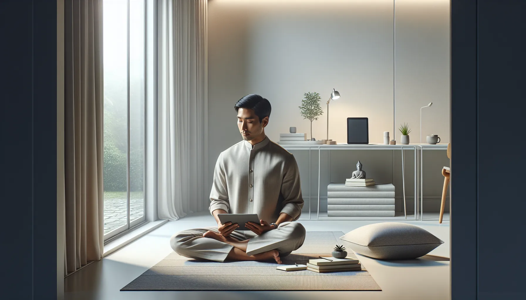 individual in a minimalist workspace reflecting on asceticism.