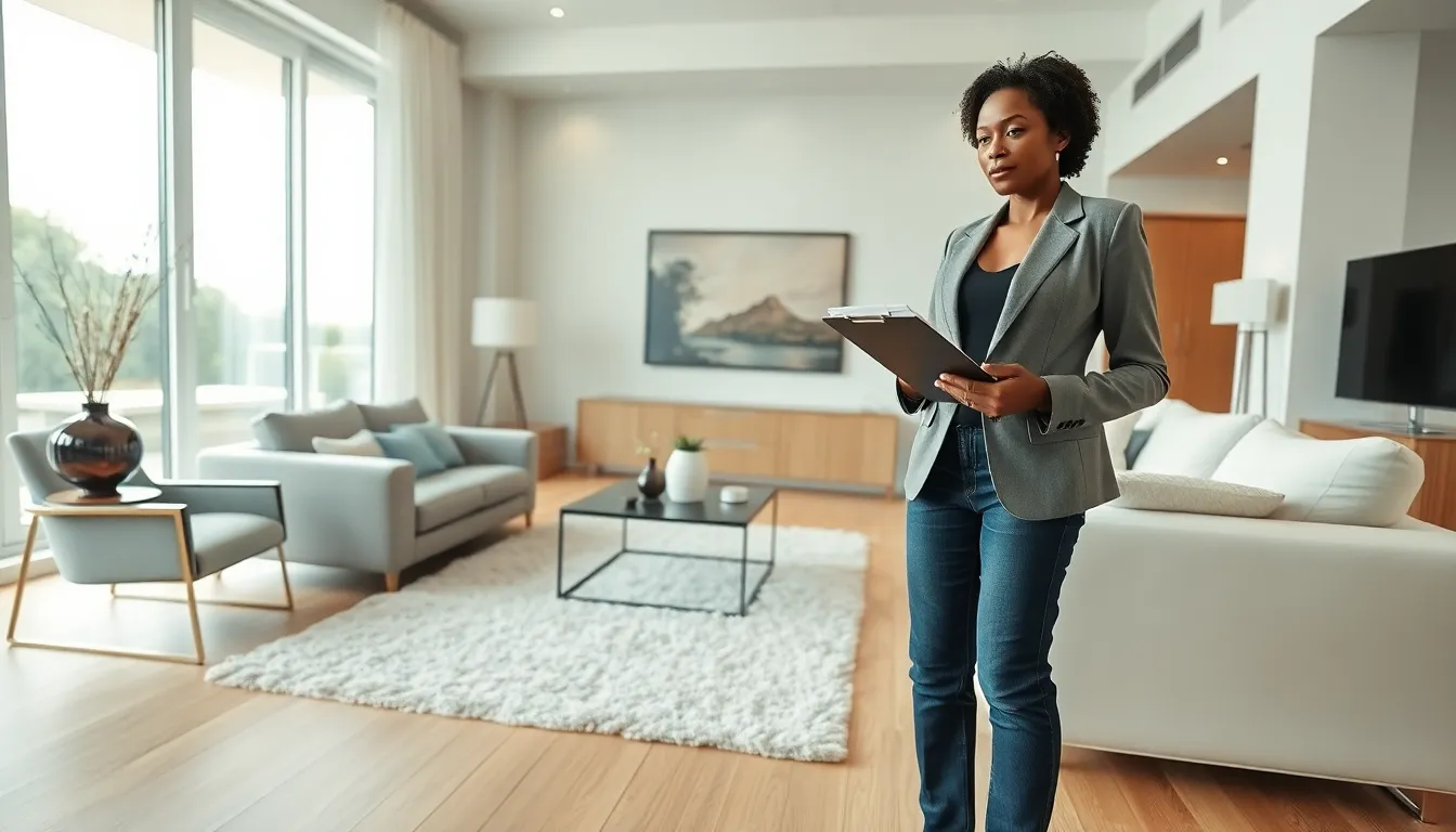 A designer assessing a stylish modern living room with elegant decor.