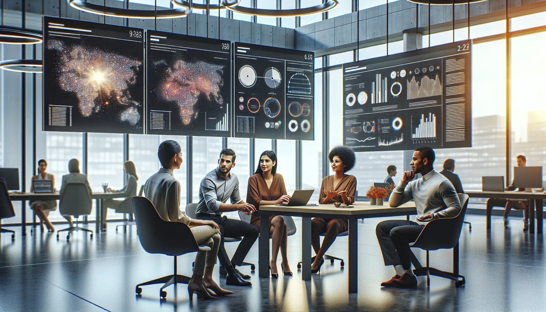 diverse team collaborating in a modern office with digital dashboards.