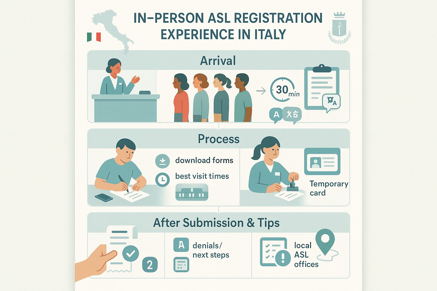 Infografica passo-passo per registrarsi di persona presso un'ASL locale in Italia.