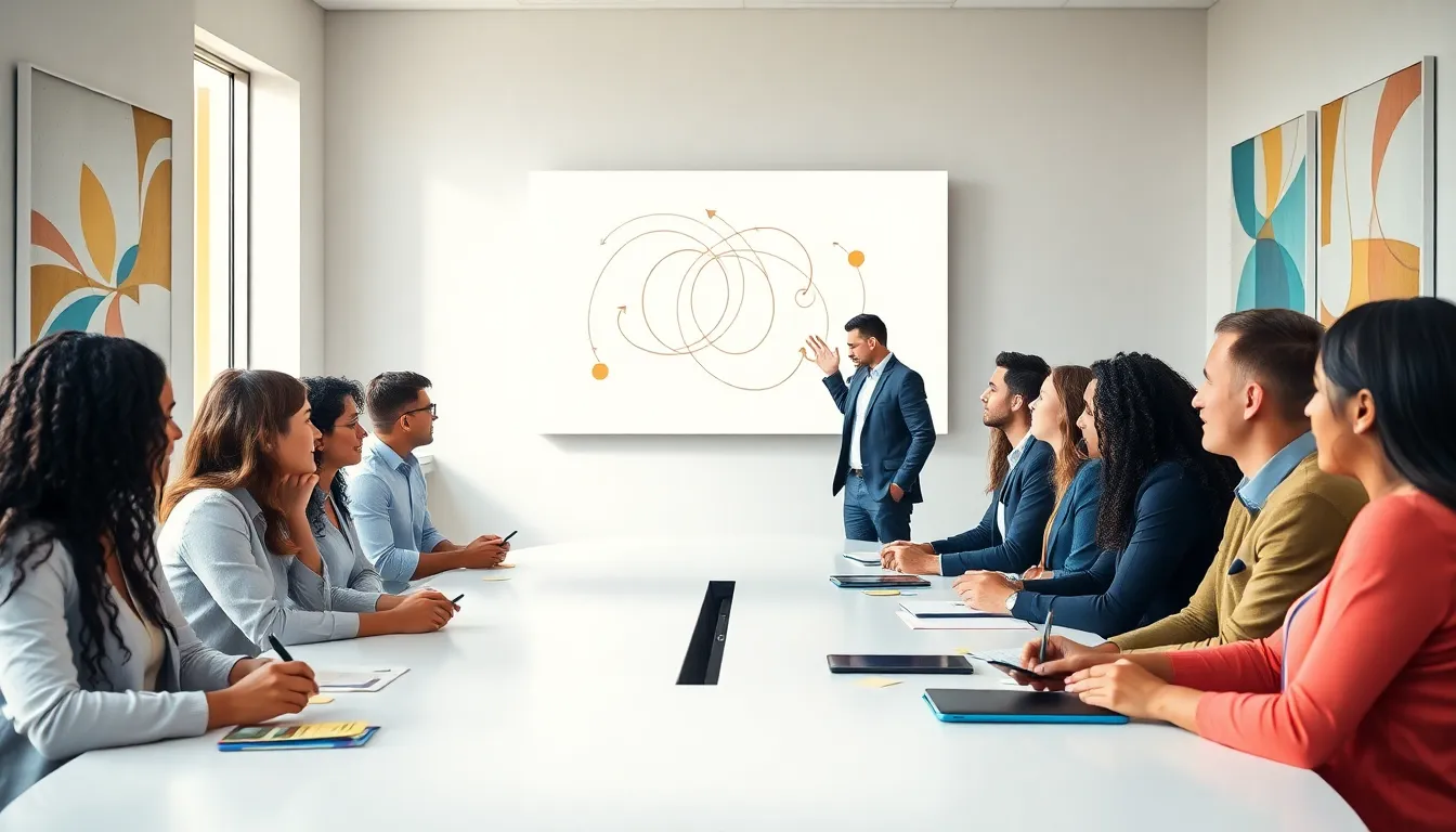diverse team collaborating in a modern office meeting.
