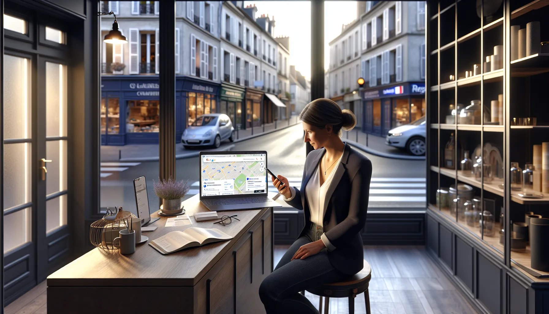 French shop owner on laptop viewing improved Google results for her Noisiel business.