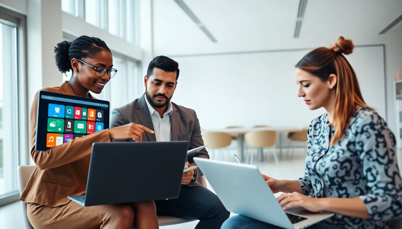 diverse team discussing different software programs in a modern office.