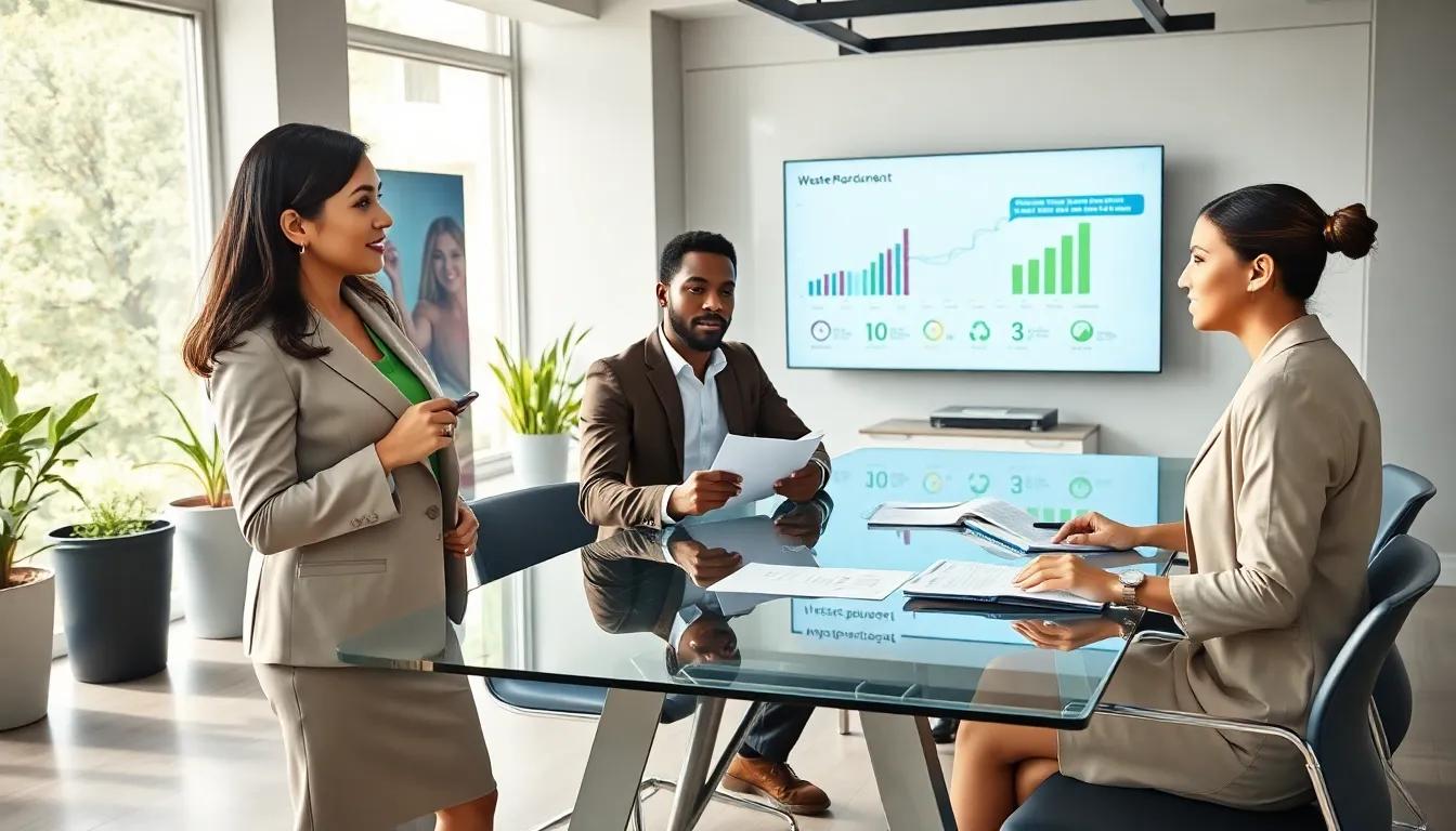 diverse professionals discussing waste management in a modern office.