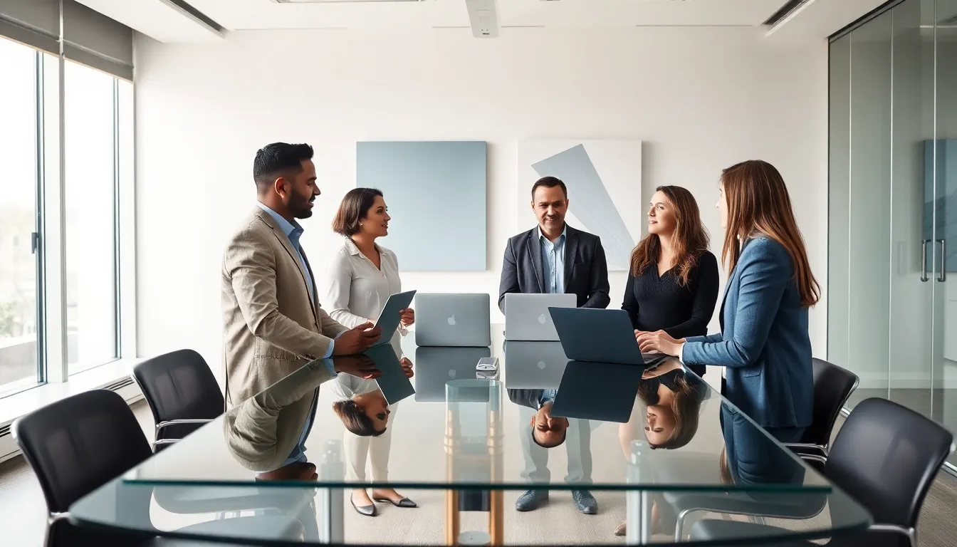diverse professionals discussing innovative concepts in a modern office.