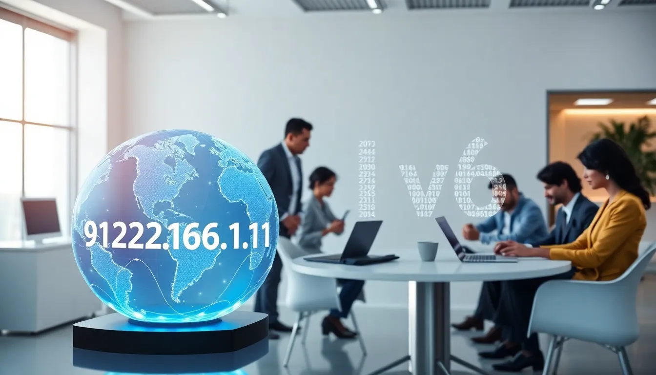 professionals discussing IP addresses in a modern office.