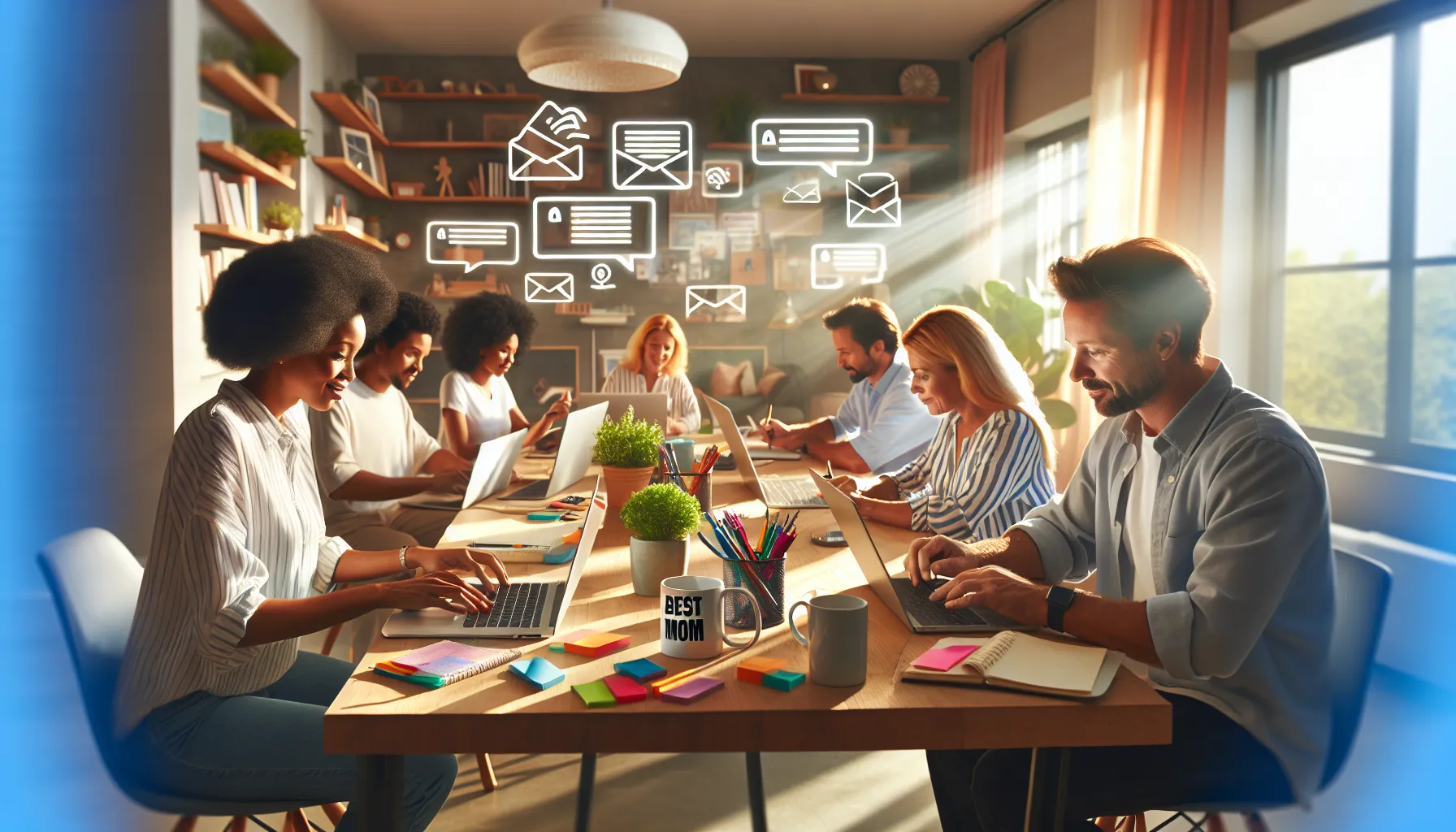 diverse parents engaging with parenting content in a modern home office.