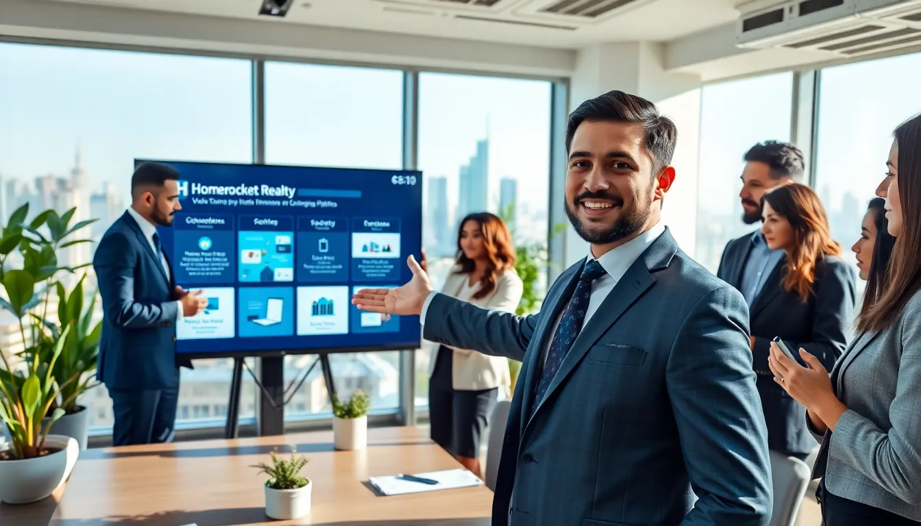 diverse real estate team meeting in a modern office setting.