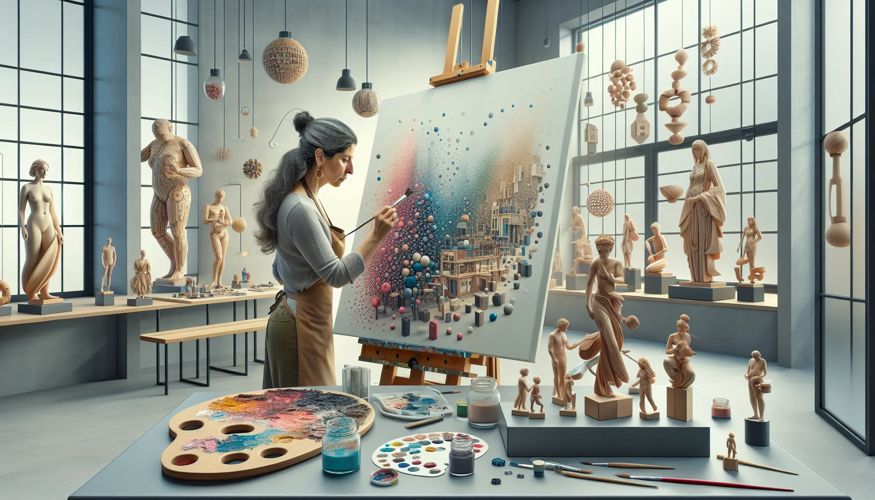 artist painting in a modern studio showcasing techniques for creating volume.