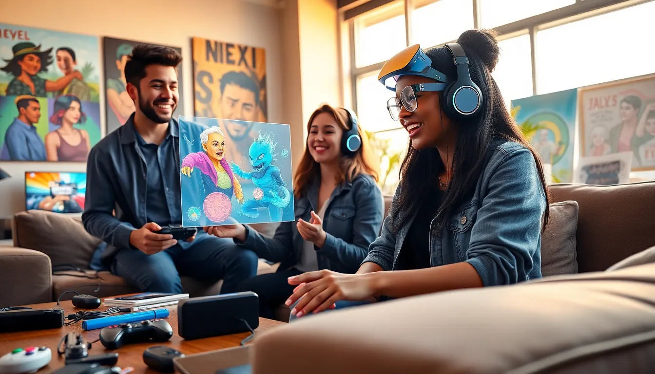 diverse gamers engaging with futuristic technology in a modern studio