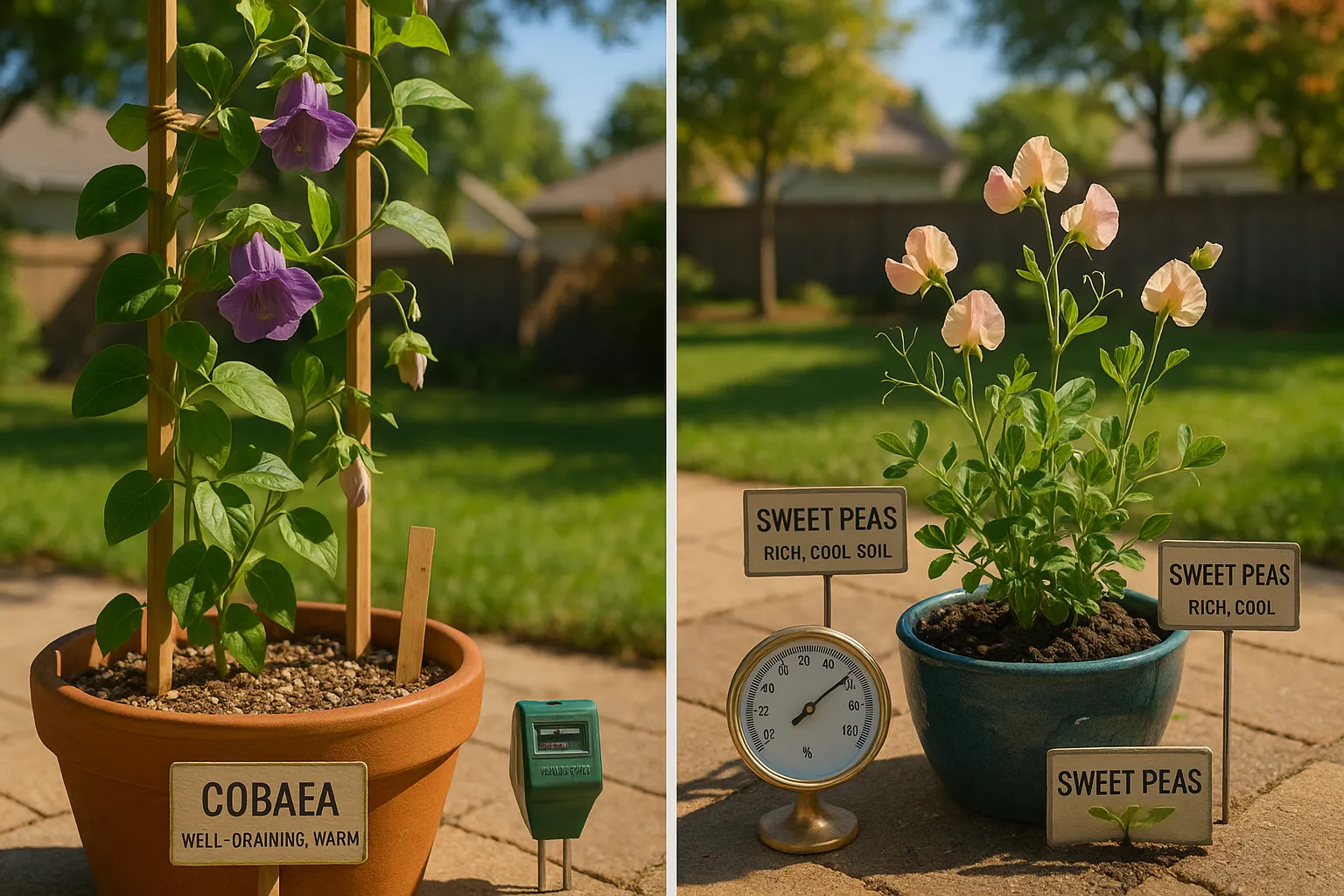 Two potted climbers—Cobaea and sweet peas—showing different soils and a thermometer.