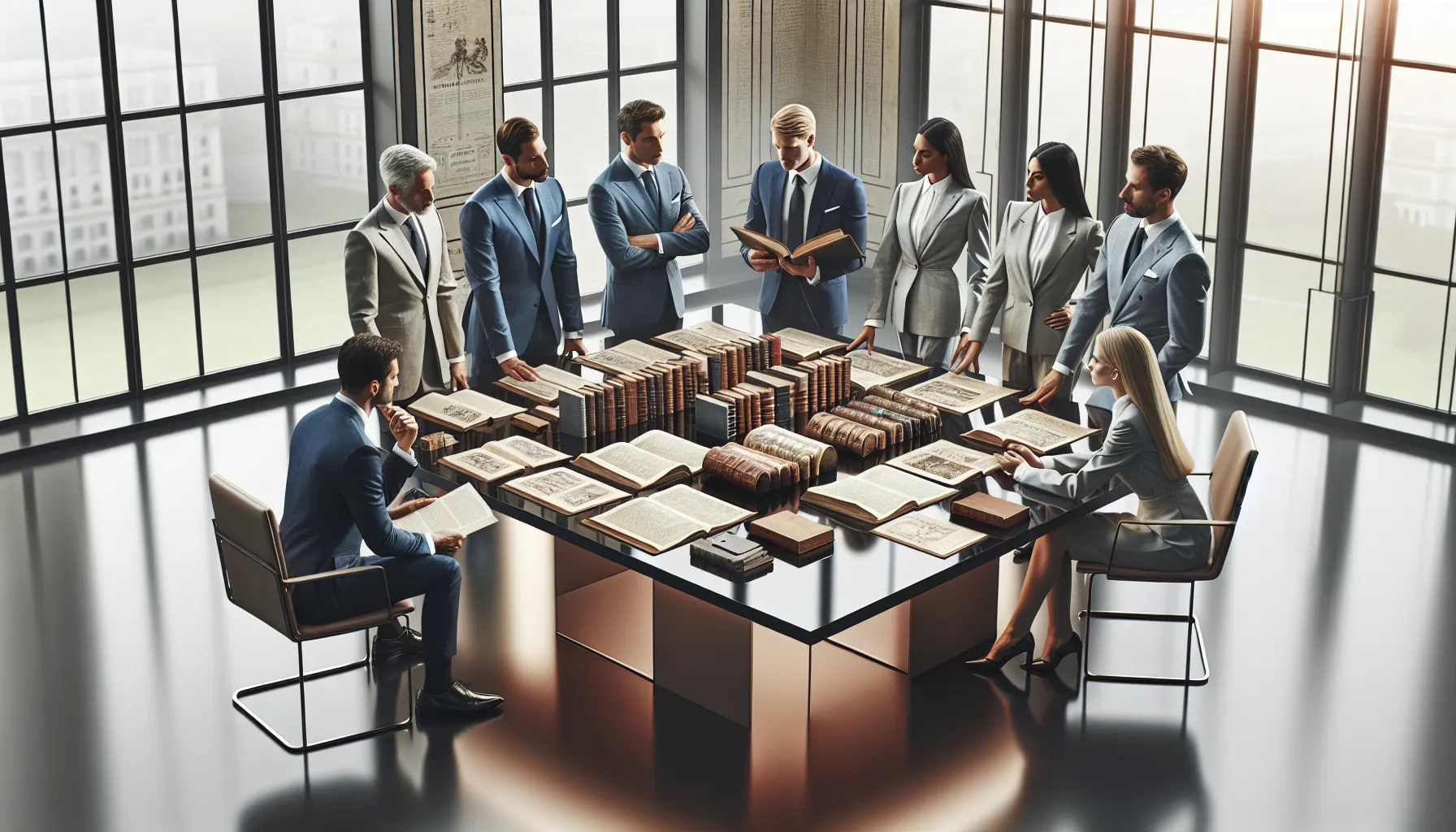 diverse team discussing historical context in a modern office