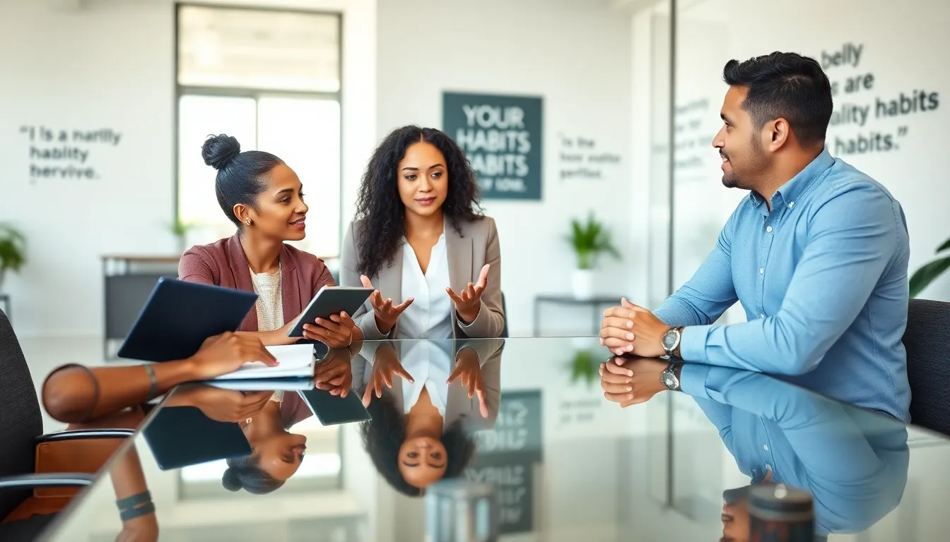 diverse team discussing the impact of habits in a modern office.