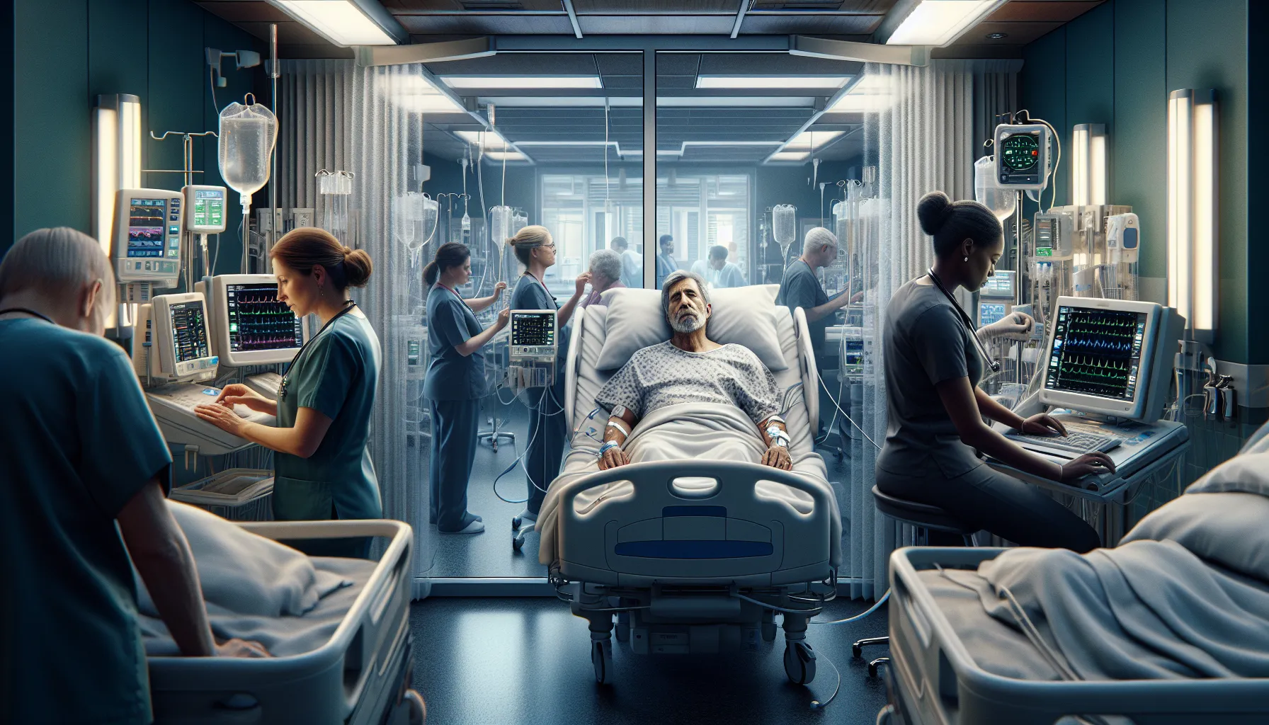 a hospital scene showing an ICU and a CCU with patients and medical staff.