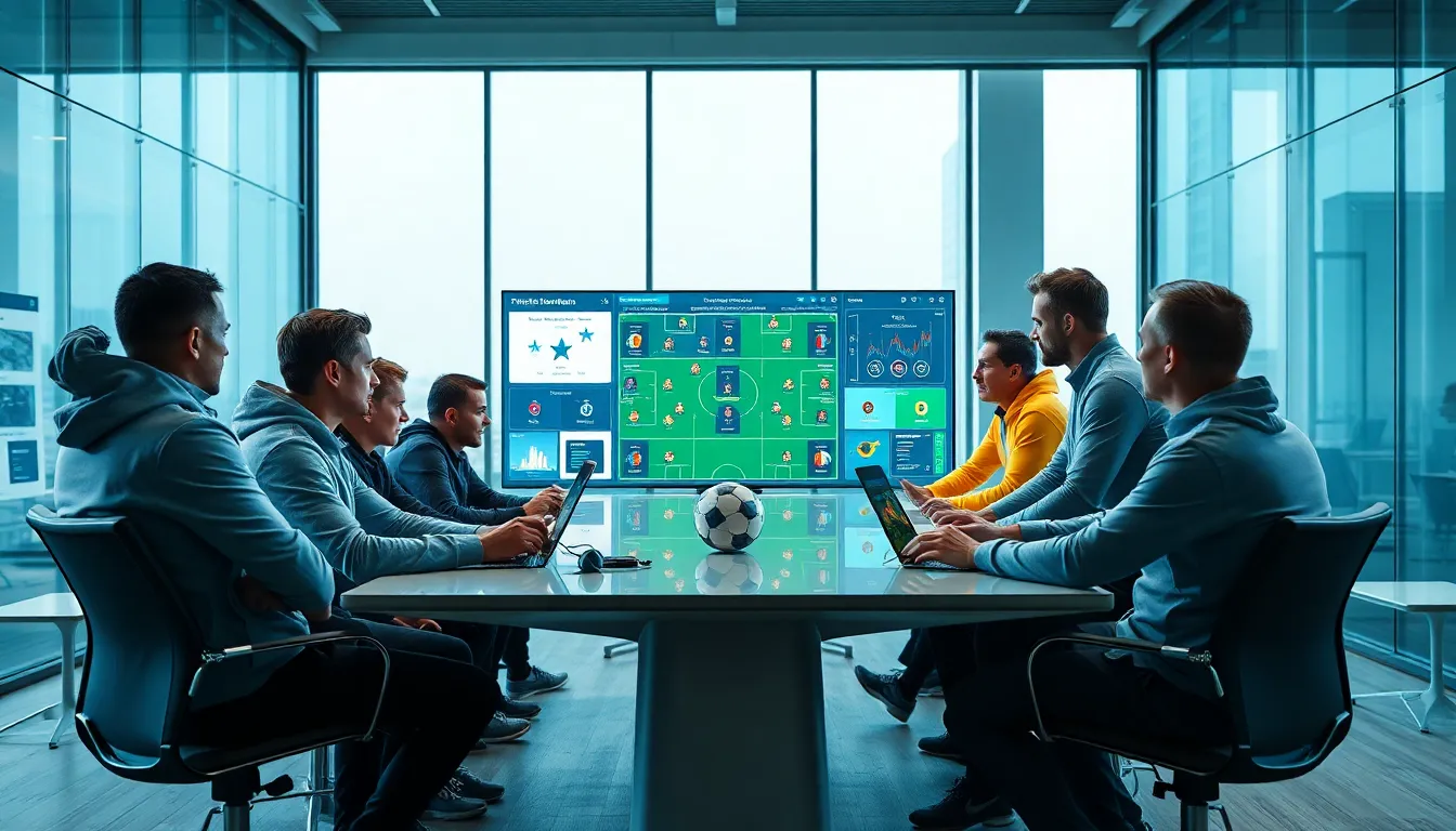 diverse coaches discussing football data analytics in a modern office.