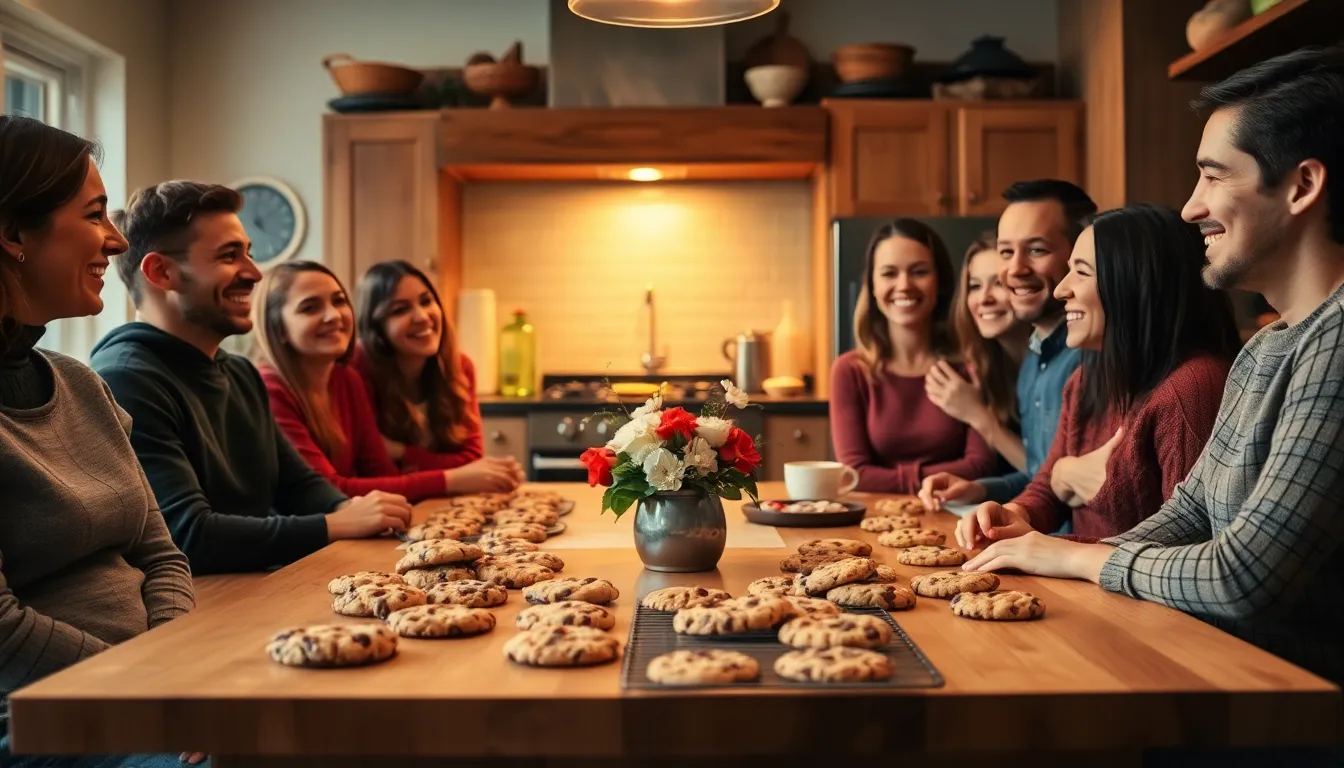 friends sharing freshly baked cookies in a warm kitchen.