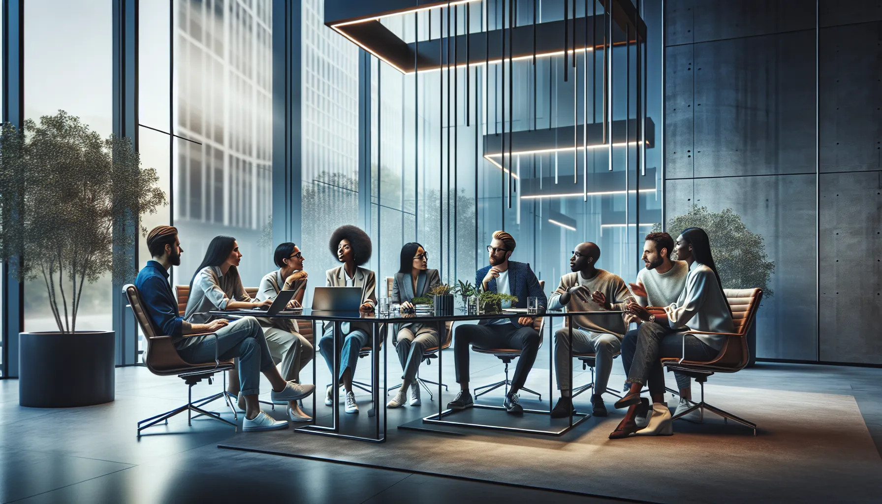 diverse group collaborating in a modern workspace.