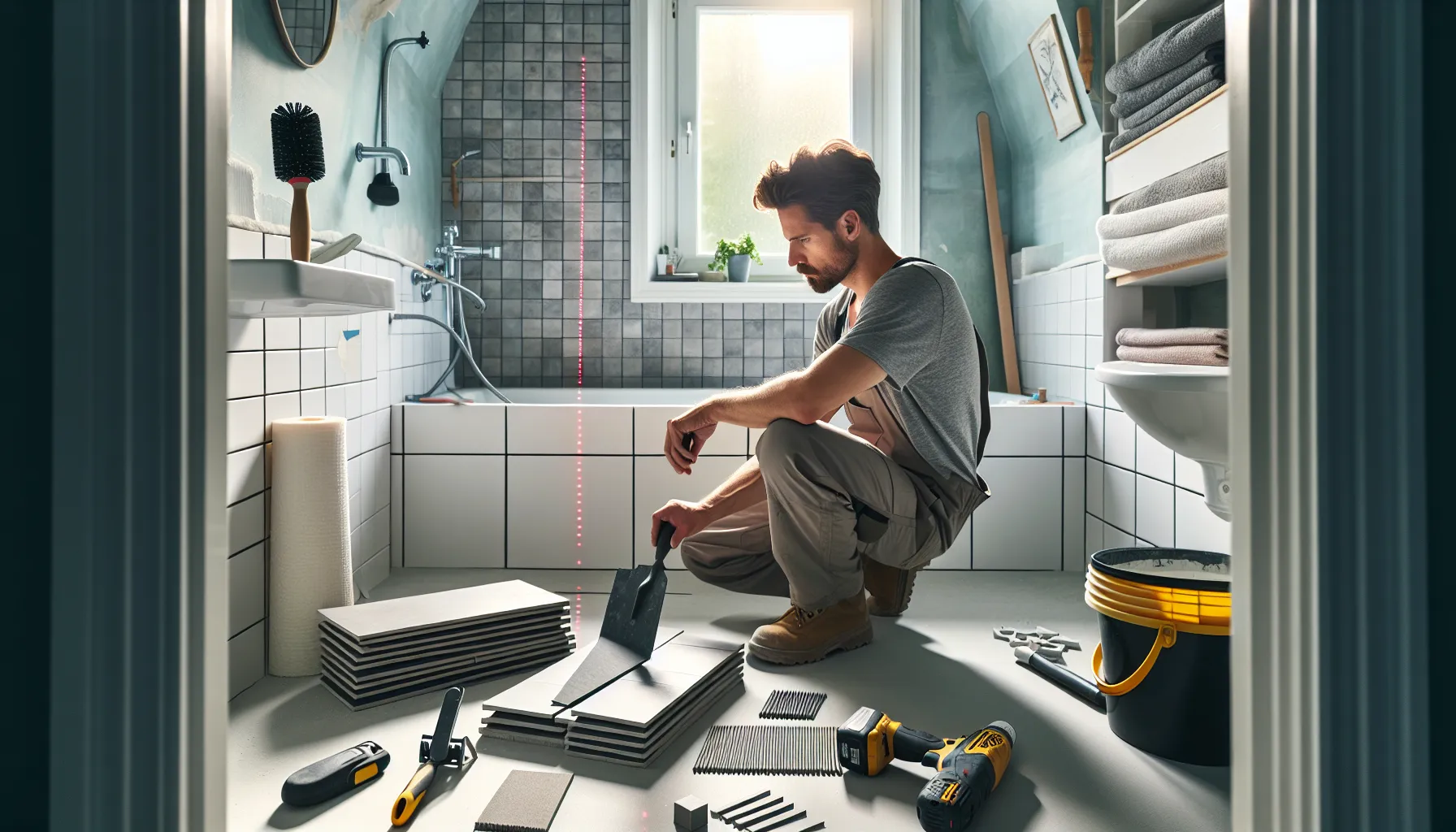 Slik velger du riktig verktøy for flislegging 3 Tiler comparing notched trowels among essential tools on a norwegian bathroom floor.