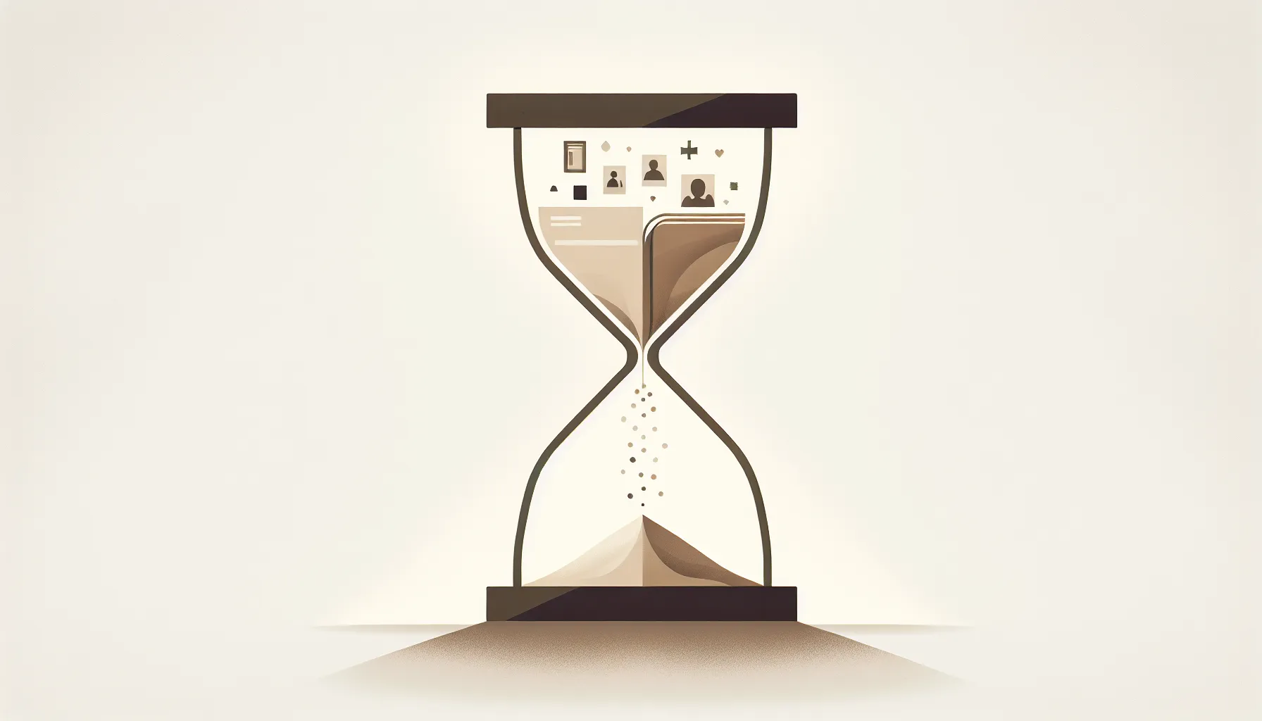 A minimalist hourglass with flowing sand surrounded by abstract memory fragments