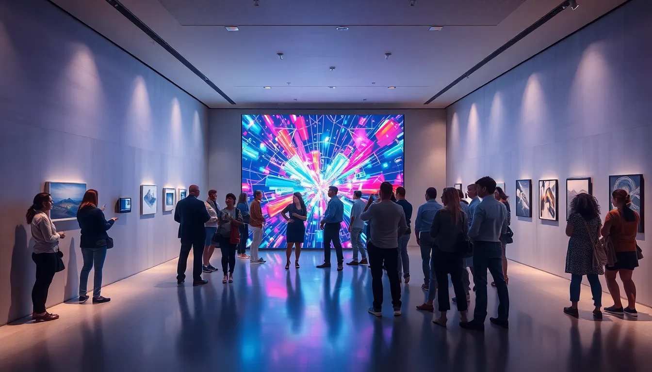 diverse audience exploring interactive technology art in a gallery.